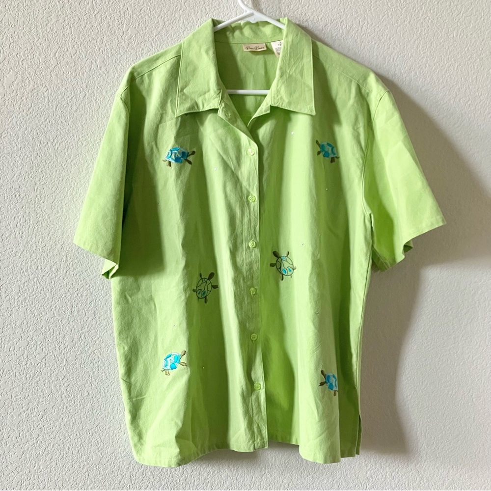 VTG Bobbie Brooks Green Boxy Embroidered Turtle Artsy Retro Button Down Shirt L